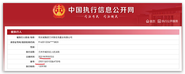 陽(yáng)光城集團(tuán)蘭州梨花島置業(yè)被列為被執(zhí)行人，執(zhí)行標(biāo)的約121萬(wàn)元